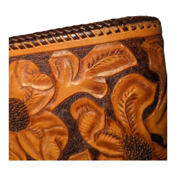 Vintage Hand Tooled Leather Hand Bag Floral Leaf Pattern - Picture 4 of 9
